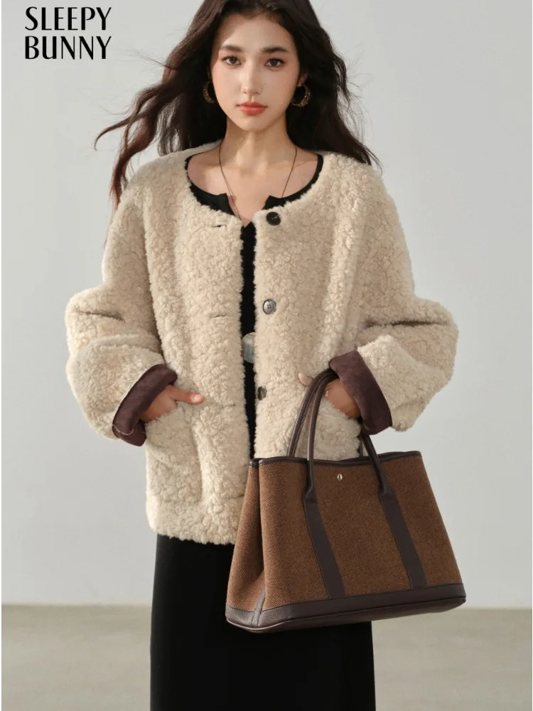 

Двусторонняя дубленка, женская зимняя теплая куртка на флисовой подкладке, винтажная верхняя одежда свободного покроя, уютное короткое плюшевое пальто с круглым вырезом