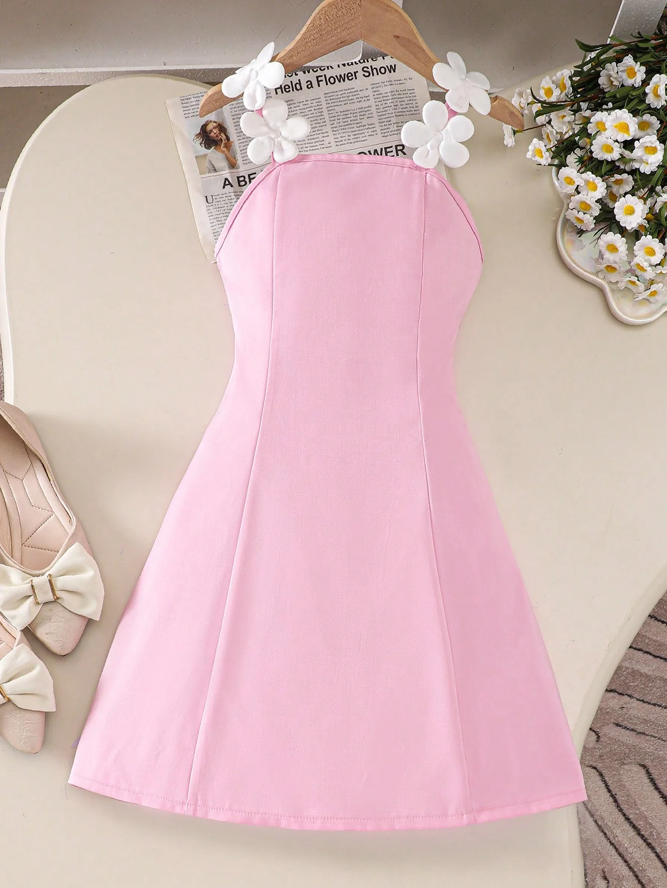 Girls' Summer Pink 3D Flower Cami Dress, Sweet Style Kids Sleeveless Sundress for Beach Vacation