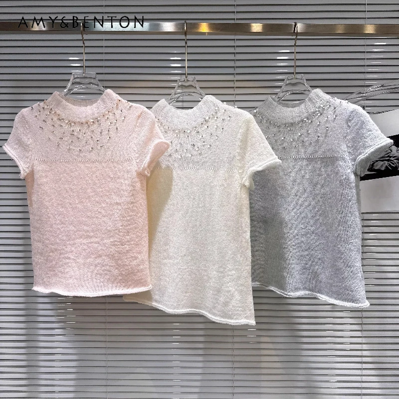 

2026 Spring New Sweet Temperament Beaded Bead Women's T-shirt French Design Solid Color Knitted Short-sleeved T-shirts Ladies