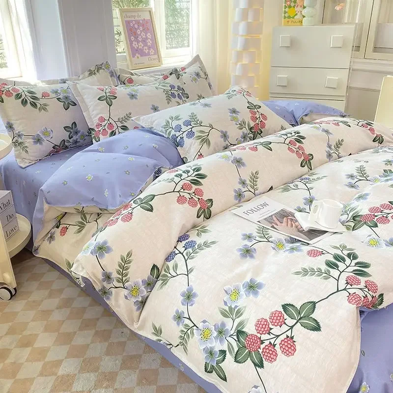 Ins Pink Flowers Bedding Set Flat Bed Sheet Pillowcase Twin Full Queen Size Nordic Bed Linen Women Girls Floral Duvet Cover Set