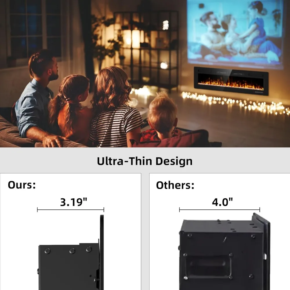 50 Inch Electric Fireplace Insert with Wall Mount, Remote Control, Touchscreen, and 1500W Heater with Timer
