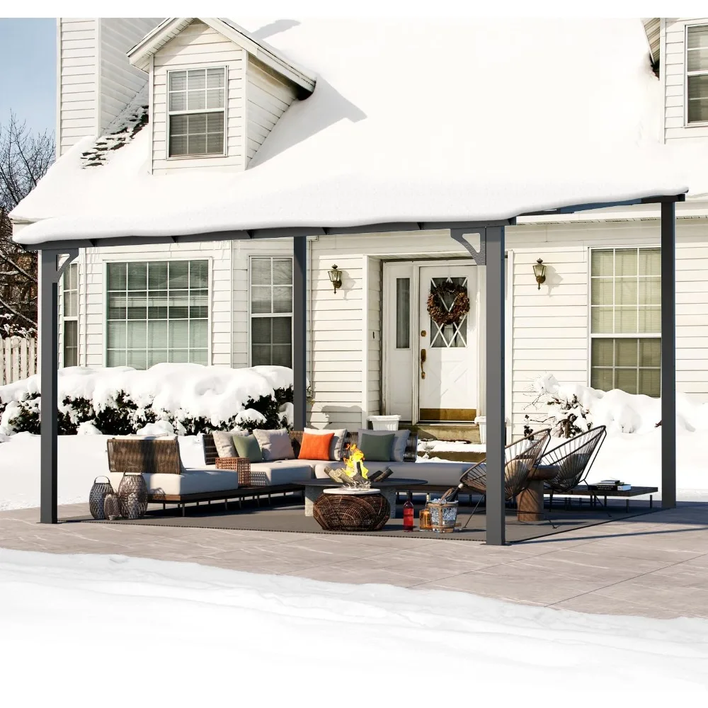 عريشة خارجية مقاس 12 × 12 بوصة للفناء، جزء علوي صلب كبير مثبت على الحائط مائل إلى شرفة معدنية وعريشة شفافة #3
