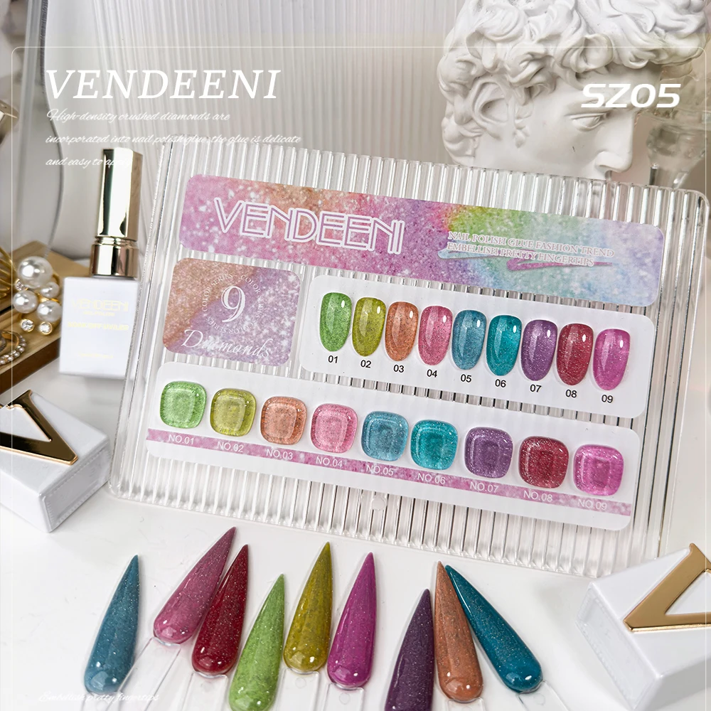 Vendeeni ยาทาเล็บเจลประกายเพชรสีรุ้ง15มล., ยาทาเล็บเจลเคลือบเงาสีสันสดใสสำหรับมาการอง