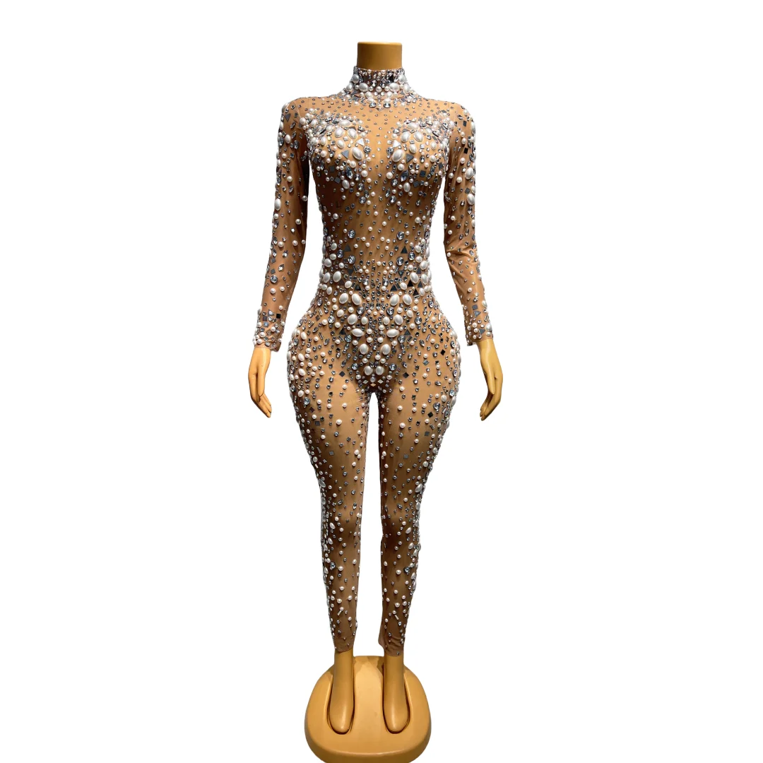 New Designed Big Pearls Rhinestones Stretch Transparent Jumpsuit Evening Birthday Celebrate Outfit Sexy Dancer Bodysuit