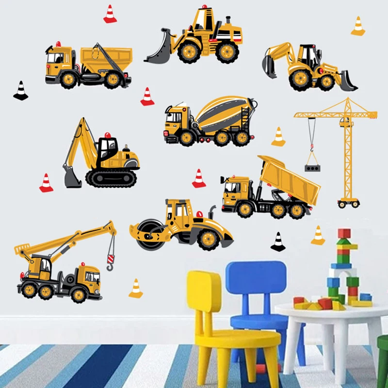 Cartoon Excavator Construction Wall Decals Baby Boy Nursery Kids Room Stickers Furniture Windows Decoration Home