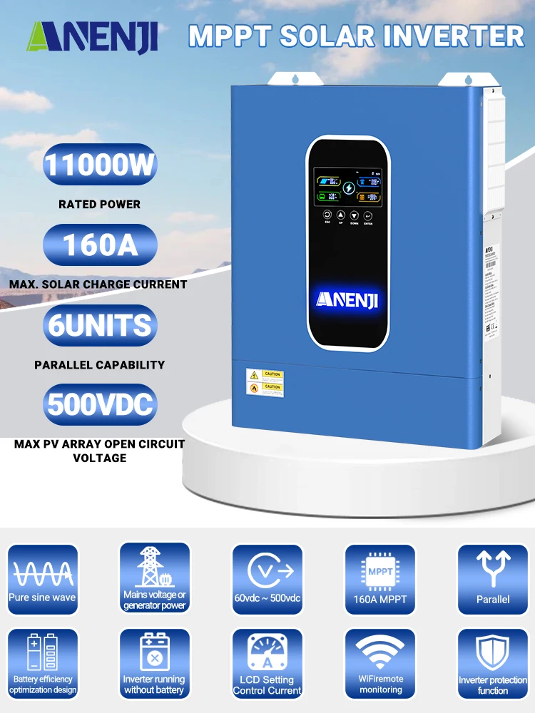 ANENJI 11KW 48V Inwerter Solarny Równoległy, Inwerter Hybrydowy 230V 6.2KW 5KW, Inwerter Off/On Grid, Falownik Sinusoidalny, PV 500V 160A, Kontroler Solarny MPPT ﻿ — 2