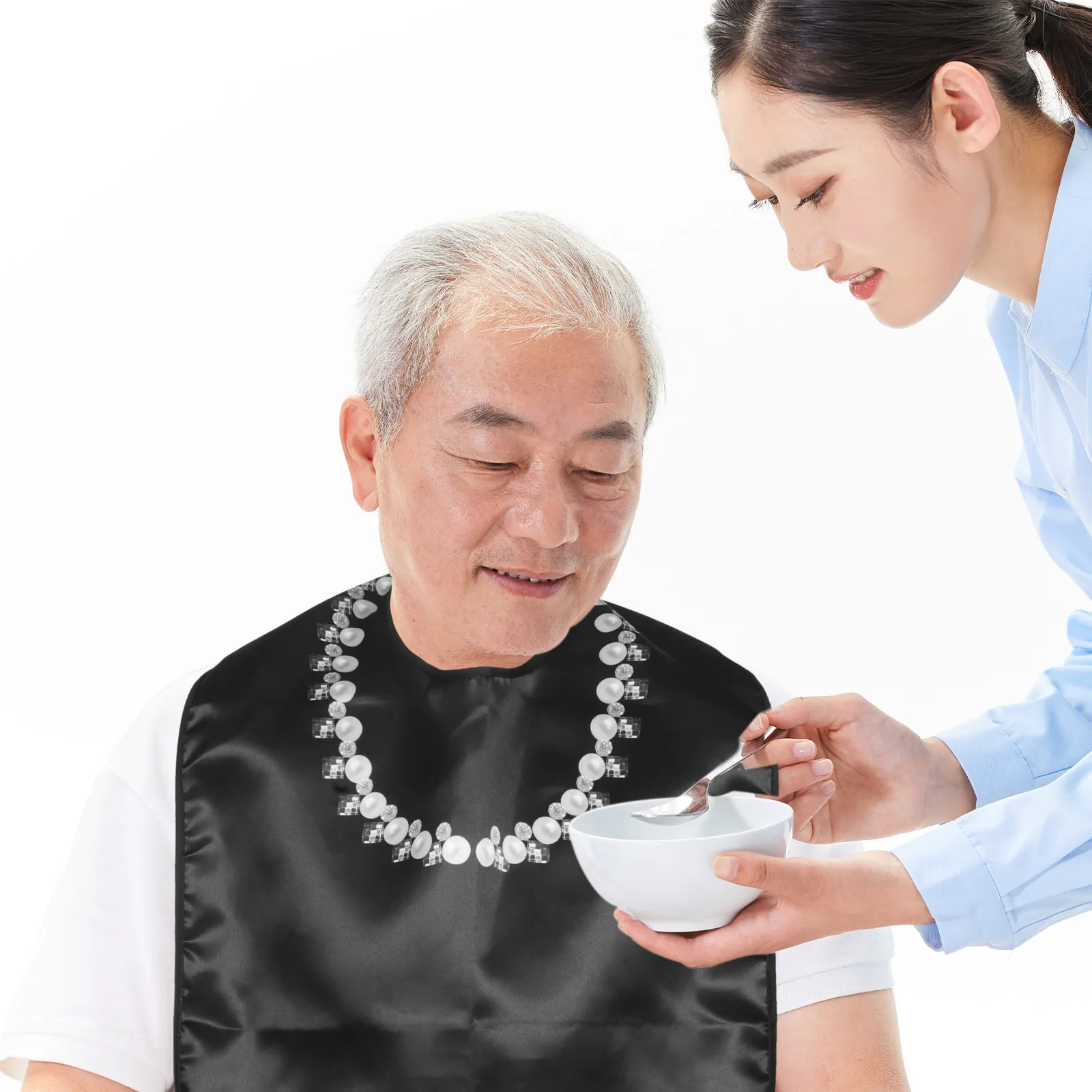 Adult Bibs for Seniors Waterproof Eating Apron Washable Clothing Protector Elderly Care Mealtime Bib Pearl Necklace Design