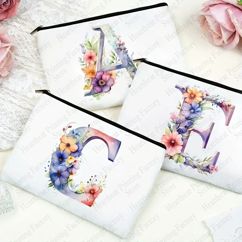 Floral Alphabet Women Wedding Bag Cosmetic Makeup Bag Pouch Bridesmaid Maid of Honor Holiday Wedding Bachelorette Party Gifts