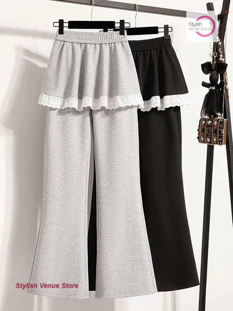 Korean lace pants female spring and autumn fake two fart curtain pants new skirt pants plus size loose slim bell bottoms.