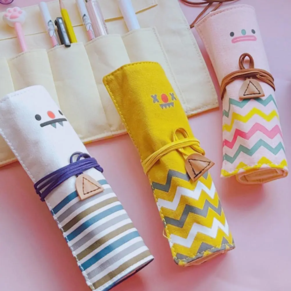 Roll Pen Bag Drawstring Design Funny Expression Portable Storage Pencil Roll Wrap For Stationery Roll Pouch For School Student