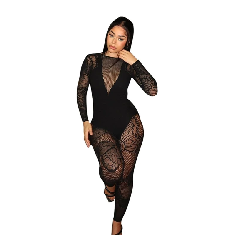 Borboleta impressão bodysuit sexy ver através macacão oco para fora feminina streetwear sexy feminino magro bodycon