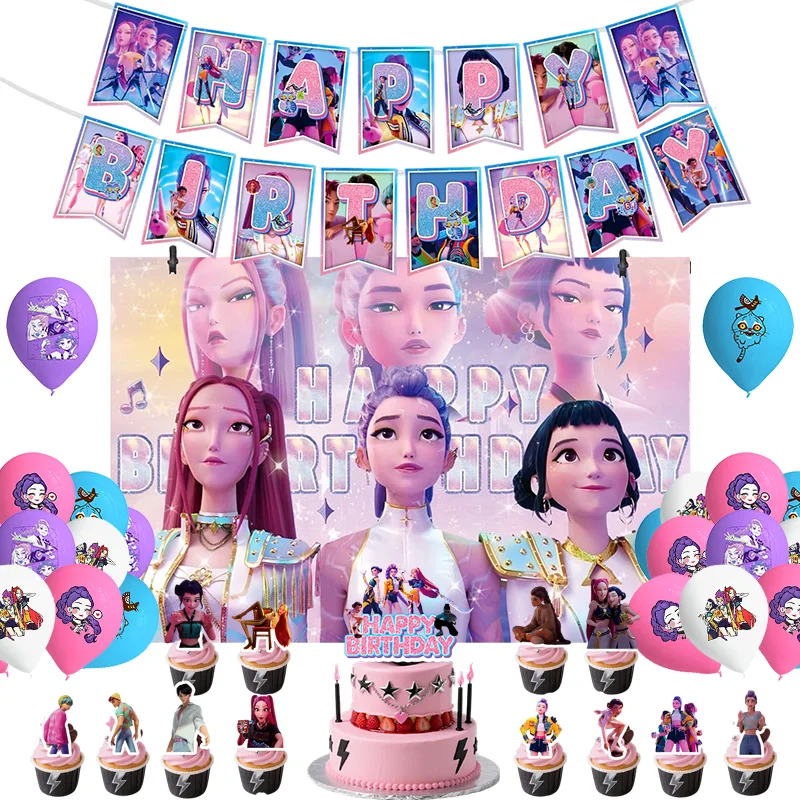 Kpop شيطان هنتر حفلة عيد ميلاد الديكور موضوع أدوات المائدة كاندي صندوق راية مفرش المائدة خلفية زينة الحفلات للفتيات