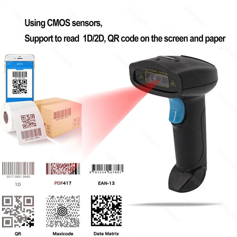 Soonpos USB 2.4G Wireless Bluetooth 1D 2D QR Handheld Barcode Scanner Auto-Sensing Scanning With Adjustable Holder