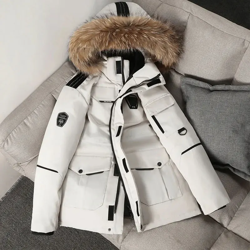 

Men Women Duck Down Jacket Thick Winter Outdoor Snow Coat 2024 Hooded Fur Collar Down Jacket Couple Tooling Oversized Jacket