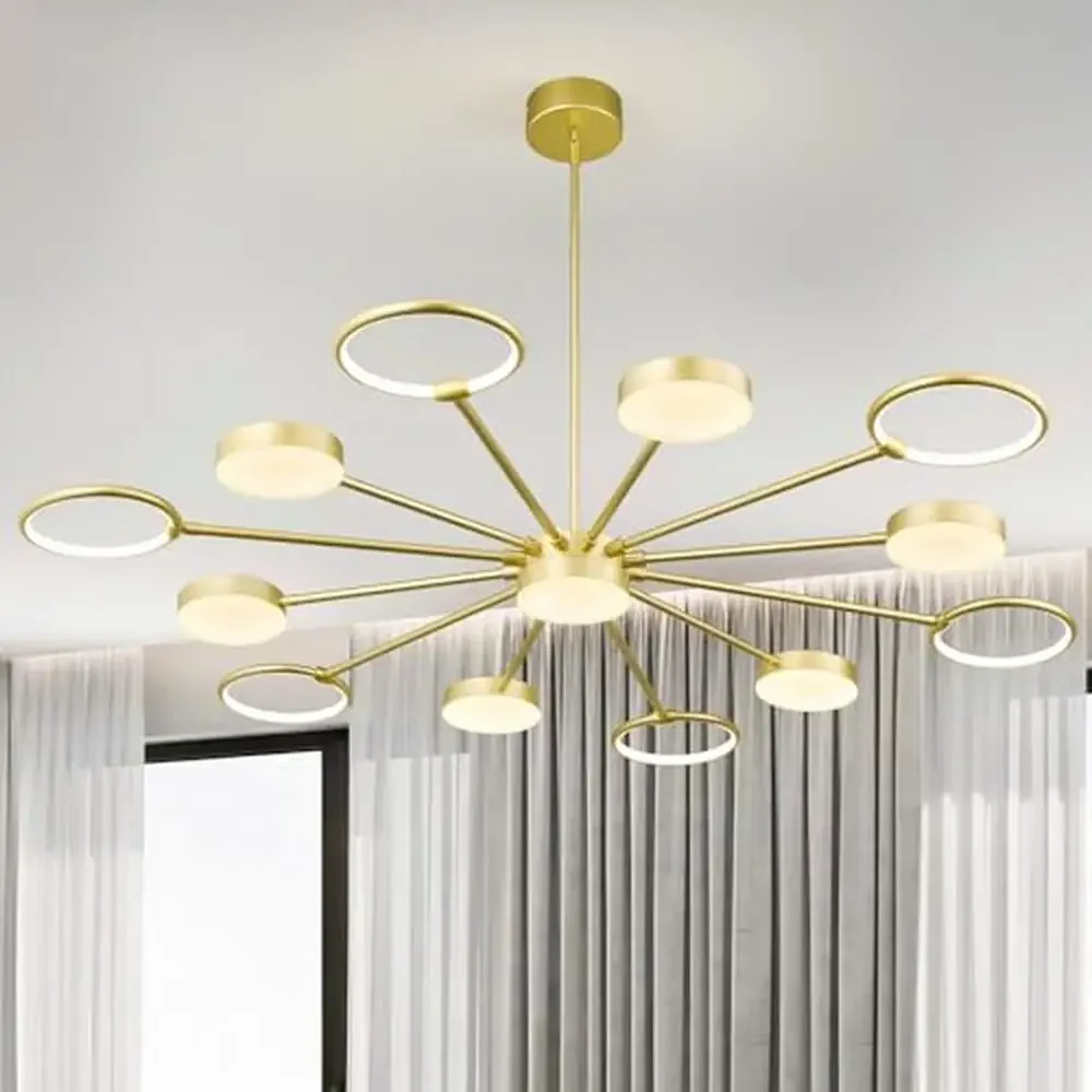 LED Modern Round Pendant Light Gold Chandelier Adjustable Height Industrial Dining Ceiling Fixture Mid Century Commercial