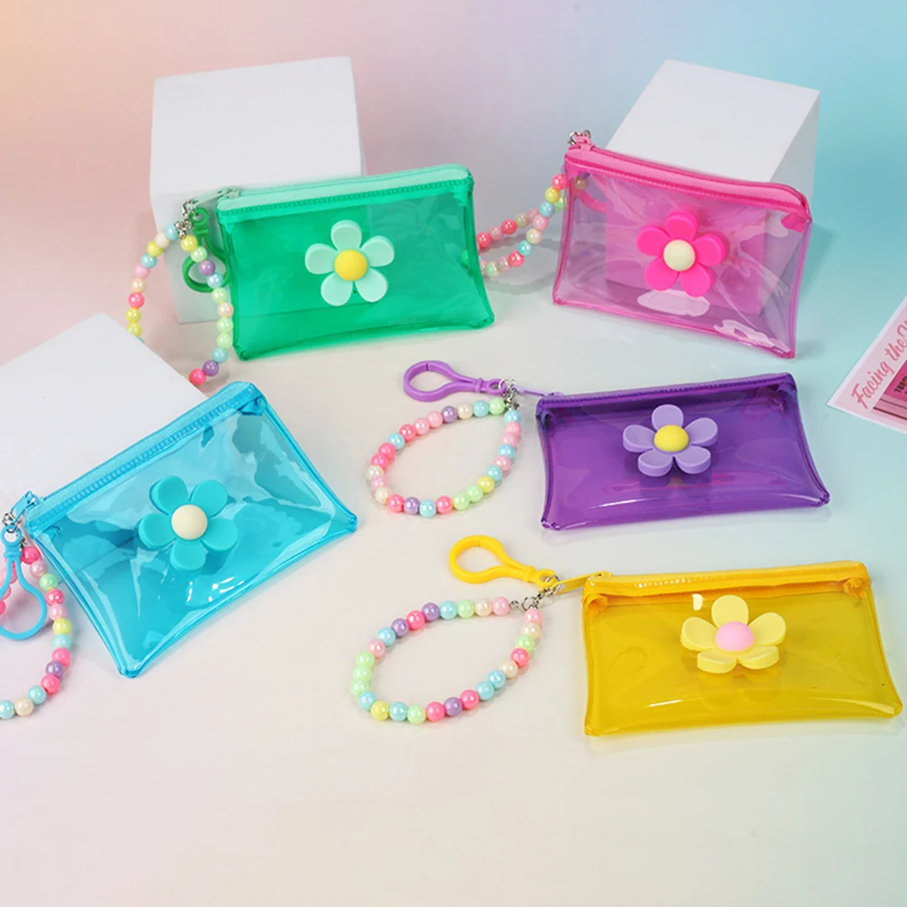 Colorful Coin Purse Pouch PVC With Bead Chain Transparent Portable Flower Zipper Card Bag Wallet Key Bag Card Holder Storage Bag