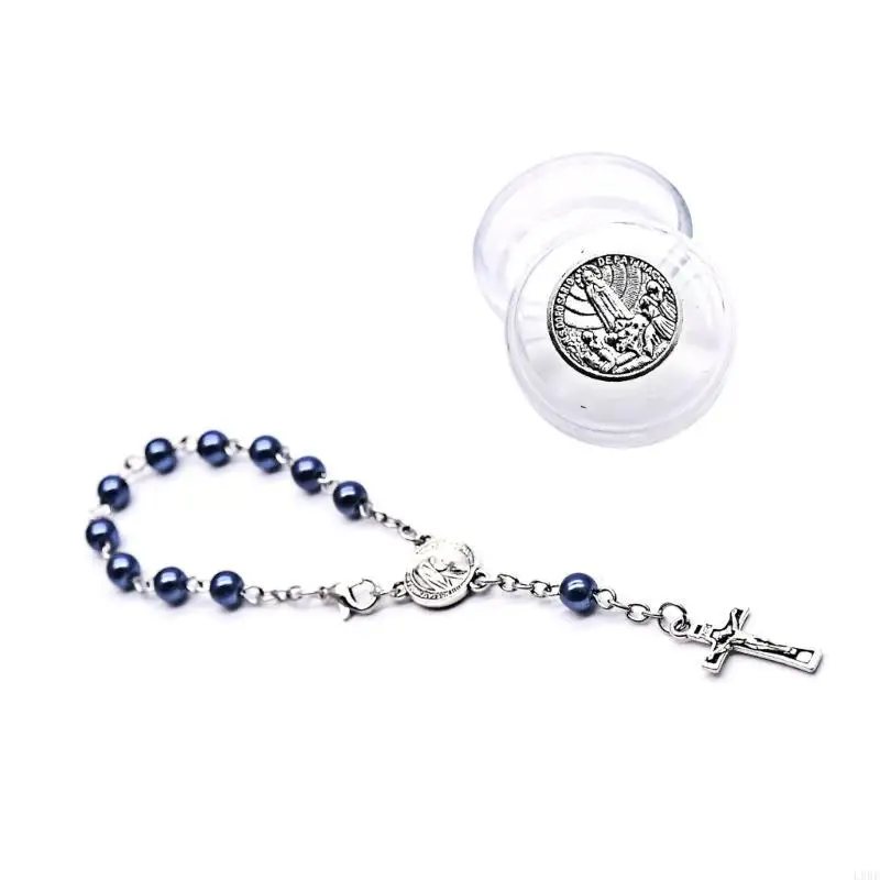L9BE Glass Pearl Catholic Rosary Bracelet for Baptism Favor Christening Jewelry