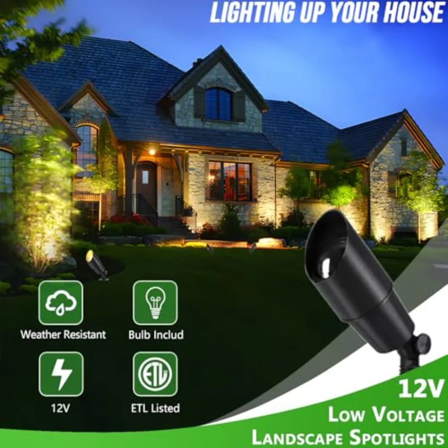 12V Low Voltage Landscape Lighting, Adjustable LED Outdoor Spotlights for House, IP65 Waterproof Aluminum Garden Lighting for T