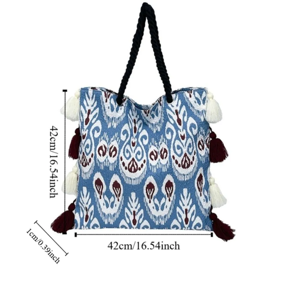 Borsa tote con nappa di grande capacità Borsa a tracolla in stile etnico con frange in tessuto Modello geometrico con coulisse Borsa bohémien estiva
