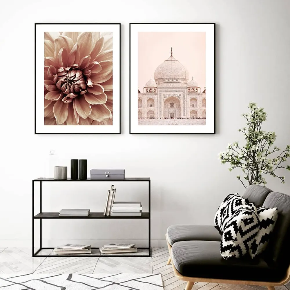 Taj Mahal Poster Print Beige Canvas Art Wall Picture Painting Dahlia Vase Golden Palm Leaf For Living Room Nordic Home Decor