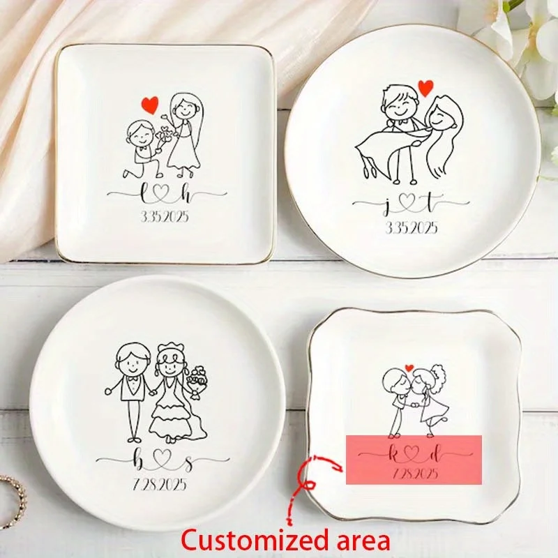 1pc Personalized Custom Ceramic Jewelry Tray, Custom Golden-Trimmed Tray, Printed with Exclusive Custom Design, Bridesmaid Gift,