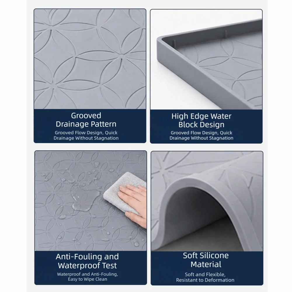 Waterproof Under Sink Mat Anti-Mold Raised Lip Silicone Cabinet Protector Flower Texture Easy Clean Sink Drain Pad Shelf Liner