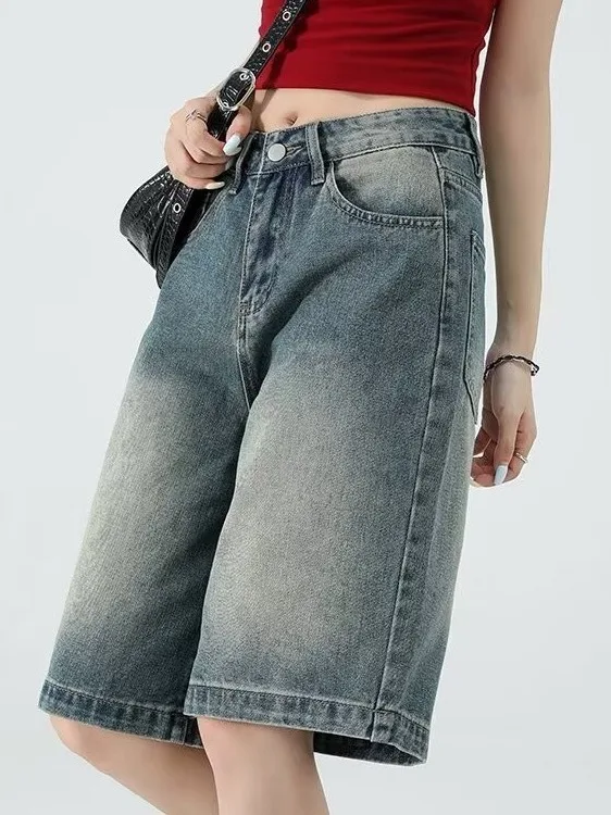 

plus Size Women's Vintage Denim Five-Point Pants Summer Loose Wide Leg High Waist Short Trousers Casual Blue Jeans