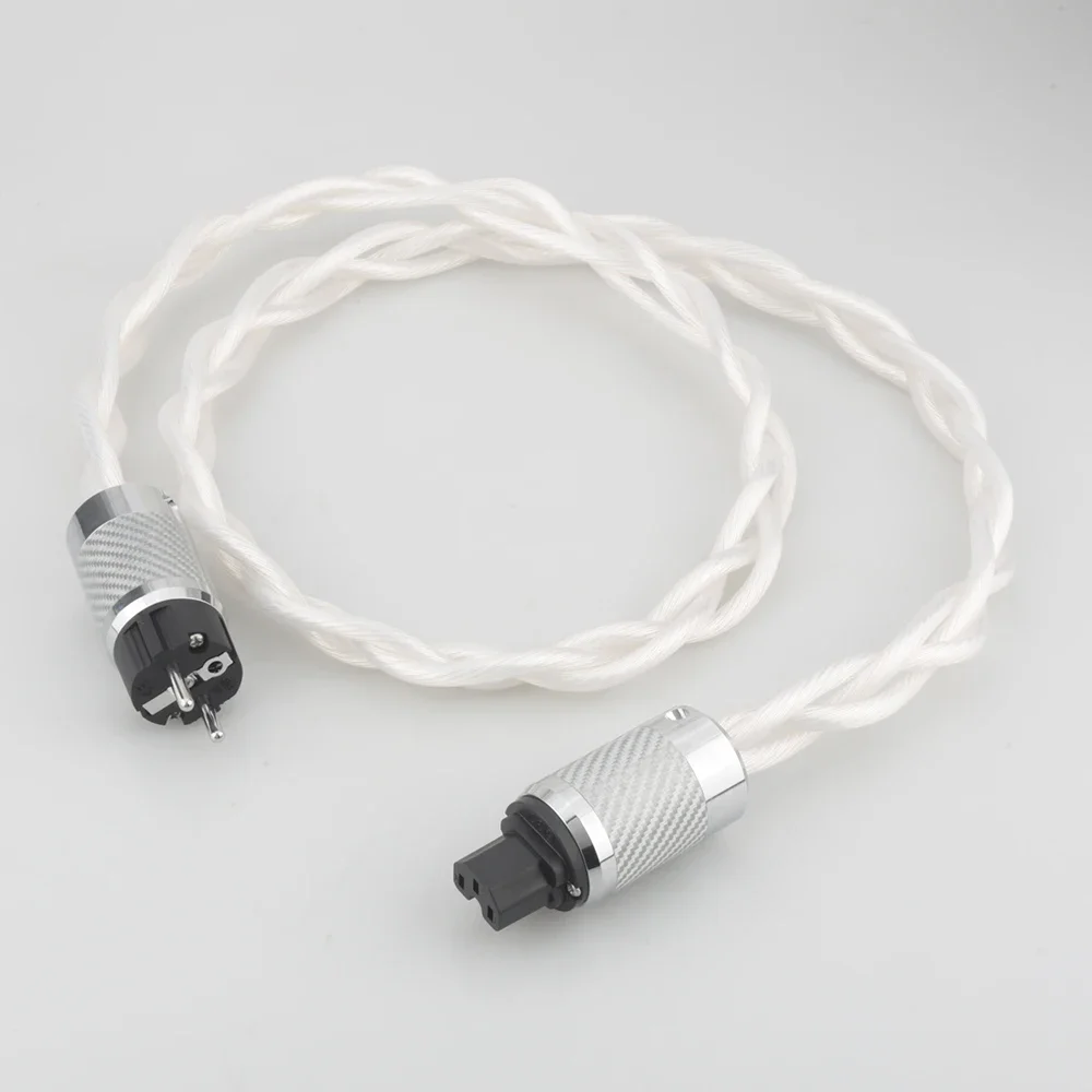 OCC Silver Plated Audiophile Power Cable, High Conductivity AC Mains Cord with Carbon Fiber EU Schuko & US Plug for HIFI System