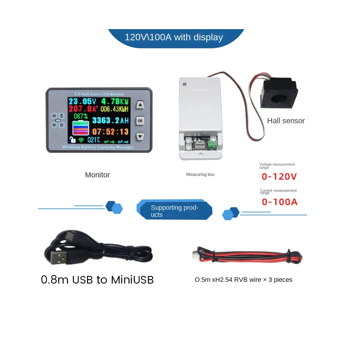 

VAC8810F 2.4 Inch Wireless Voltage Meter+Measurement Box Coulometer Capacity Power Detector 120V 100A Tester Monitor