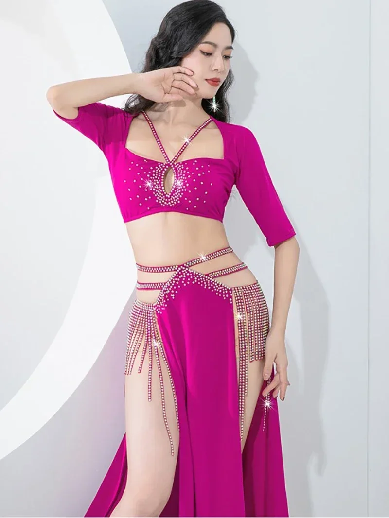 

Adult Women Indian Original Belly Dance Clothing Beading Tassels Training Suit Gentle Slit Festival Outfit Dancewear Costume