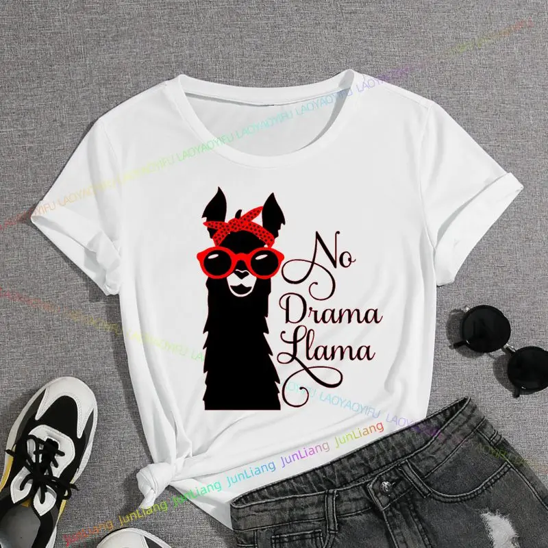 Funny Funny Alpaca Alpaca with Sunglasses for Women Kawaii Cartoon Print T-shirt for Men Oversized Short Sleeve 100% Cotton Top