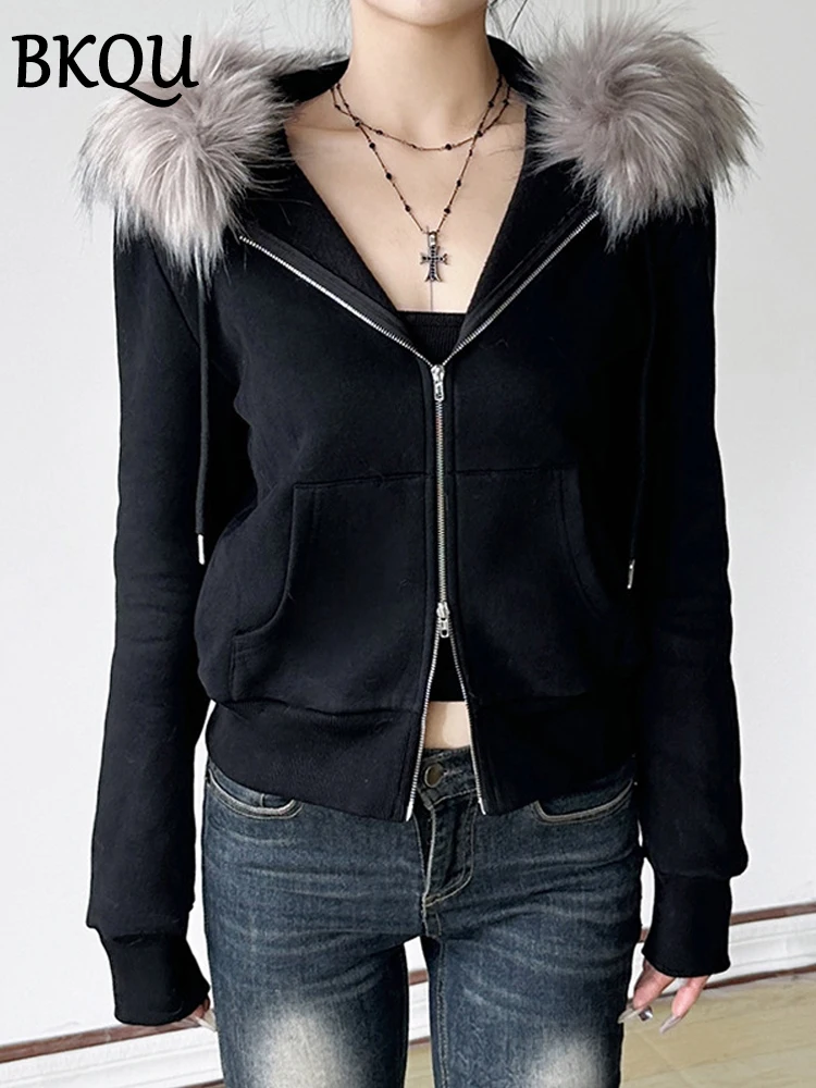 BKQU Gothic Zip Up Women Sweatshirts Y2K Fur Collar Aesthetic Hoodies 2024 chic Long Sleeve Pockets Warm Cardigan Hooded Jackets