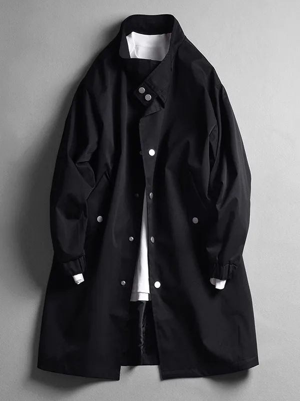 

Trendy Slim Fit Men's Windbreaker Coat Single Row Button Mid-Length Spring Autumn Korean Sle High-End Feeling Outerwear