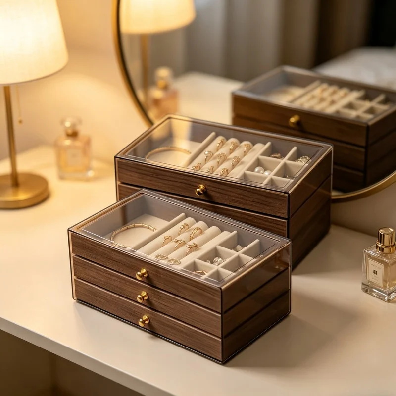 Premium Walnut Wood Dustproof Jewelry Storage Box, 3-Layer Drawer Organizer Case for Women Bracelets Brooches