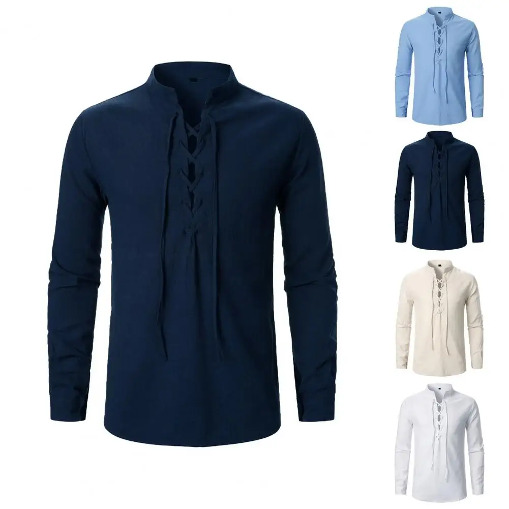 Men Long Sleeve Shirt Retro Medieval Style Men's Shirt with Stand Collar Cufflink Detailing for Casual Office Wear in Spring