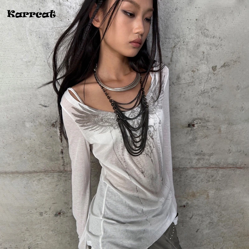 Karrcat Trashy Y2k Tattoo Print T-shirt Grunge Aesthetics Long Sleeve Knitted Tops Vintage Punk Sheer Streetwear American Retro