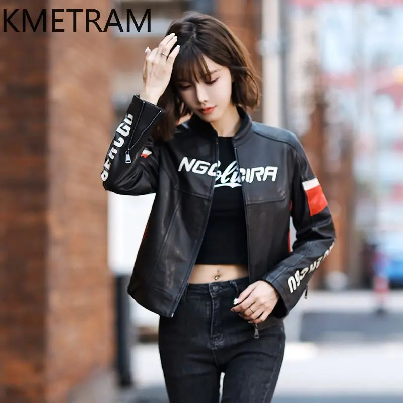 100% リアルシープスキンジャケット女性のファッションオートバイショート本革ジャケット新アウター秋服 2025 女性 정품급