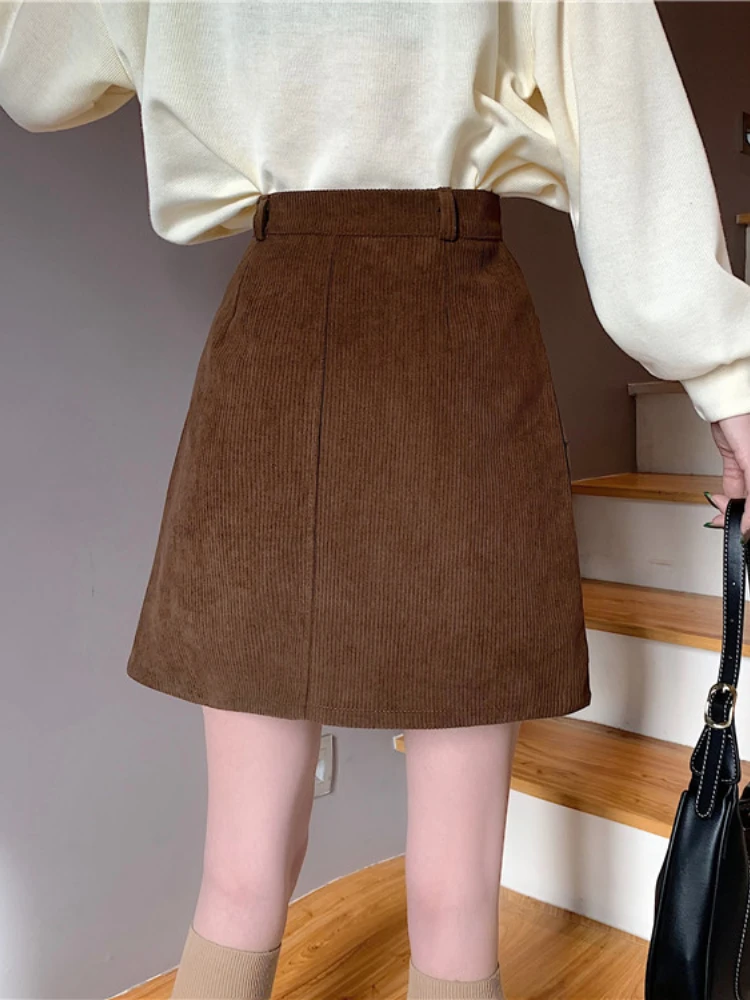 Corduroy Skirts Women Solid Simple Casual A-line Wrapped Hip Preppy Japanese Harajuku Cleanfit Faldas Mini Skirt All-match Ins