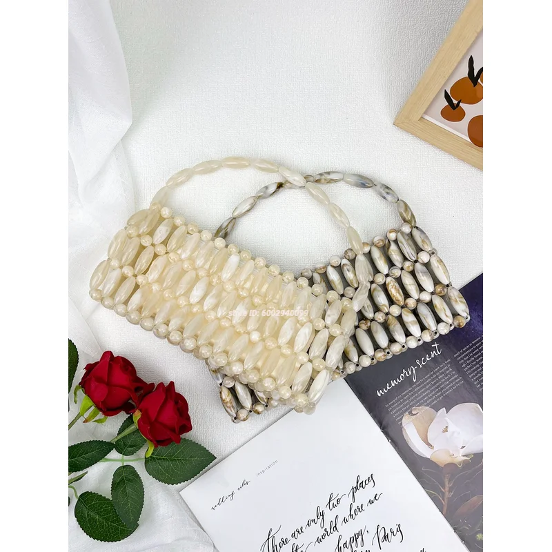 

Elegant Braided Pearl Handbag Vintage Summer Beach Bag For Women Fashion Boho Shoulder Purse Luxury Holiday Shoulder Bag Tote Ba
