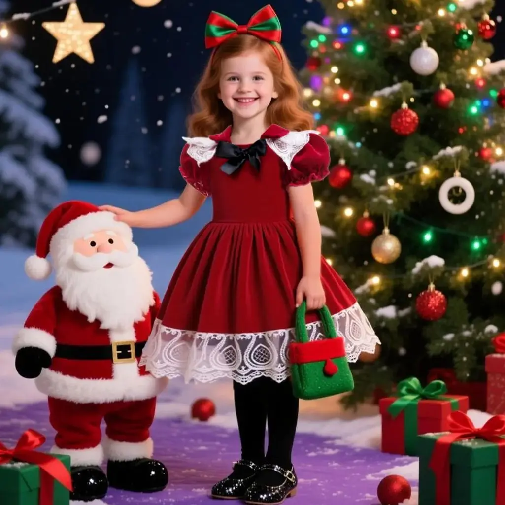 

Elegant Kids Christmas Dress Children Red Lace Bow Princess Dress For Baby Girls Xmas Elves Birthday Party Santa Claus Outfits