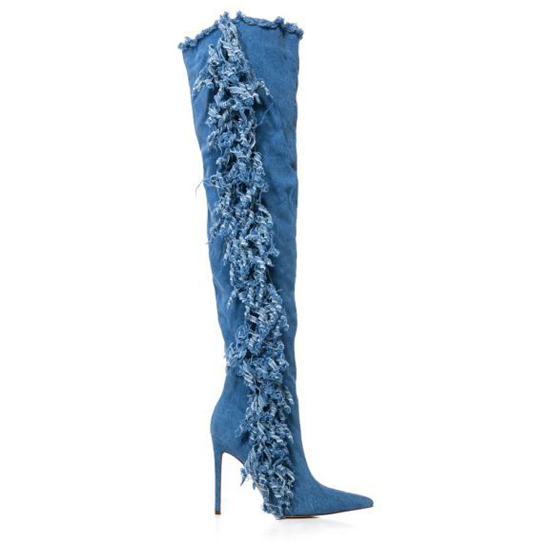 Sexy Frazzle Tassel Blue Denim Over Knee Boots Pointed Toe High Heels Vintage Fringe Jeans Boots Zipper Woman Thigh Boots