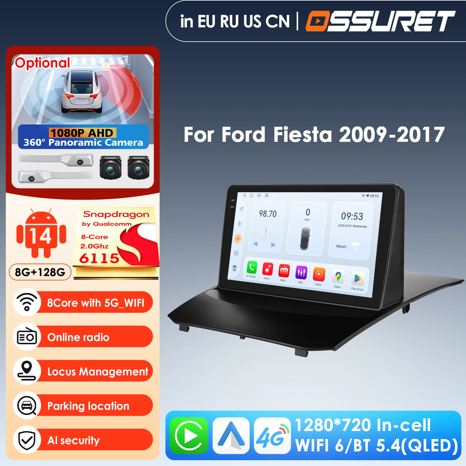 

9-дюймовый QLED экран 2din Android автомобильный радиоприемник мультимедийный видеоплеер для Ford Fiesta 2009-2017 GPS Navi Carplay Auto 4G LTE RDS AI