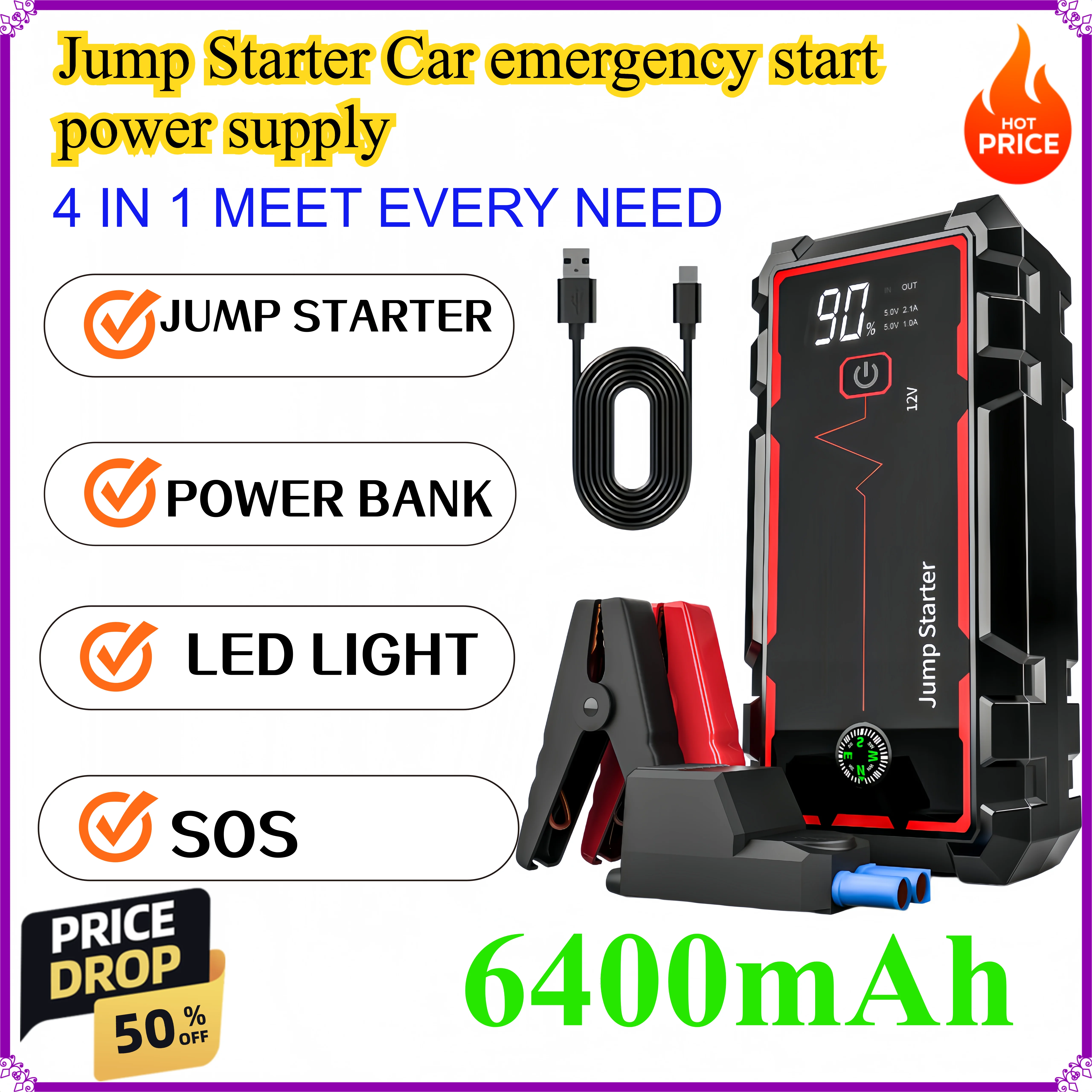 Jump Starter Car emergency start power supply 12V power bank Car starter Self-driving flameout For car use with power bank