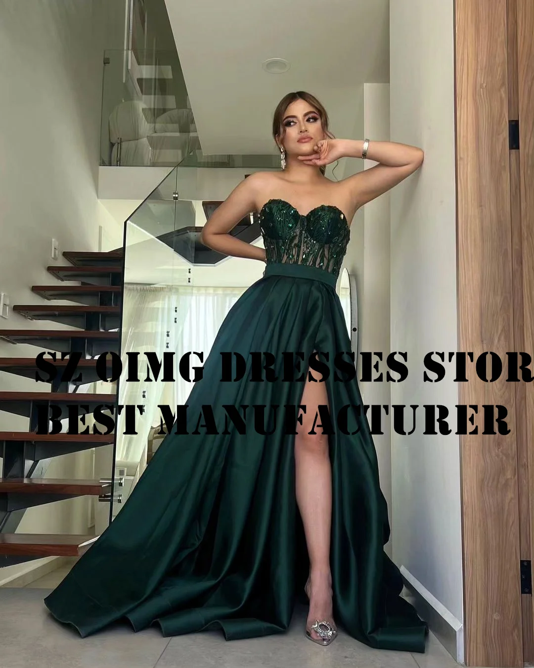 

OIMGS Sweetheart Prom Dresse Green A-Line Arabic Vintage Ruched Sweep Train Elegant Women Evening Gowns Formal Party Dress