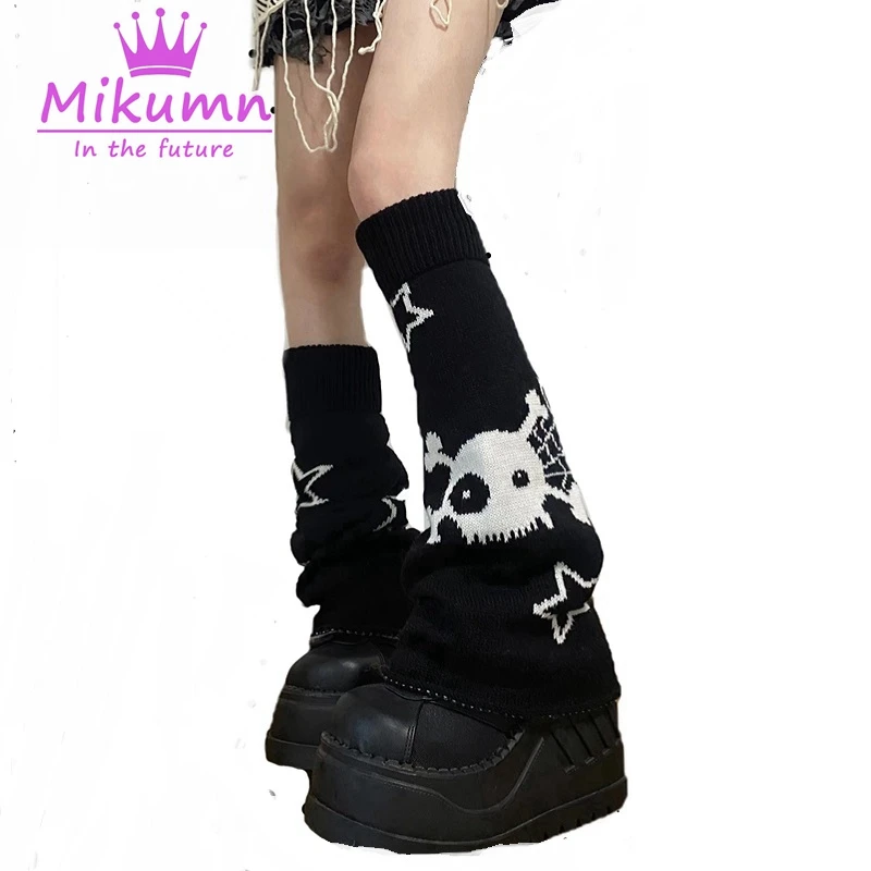 Mikumn Harajuku Y2k Star Skull Black White Knitted Two-side Wear Leg Warmers Socks Punk Girls Chic Streetwear Leg Cover