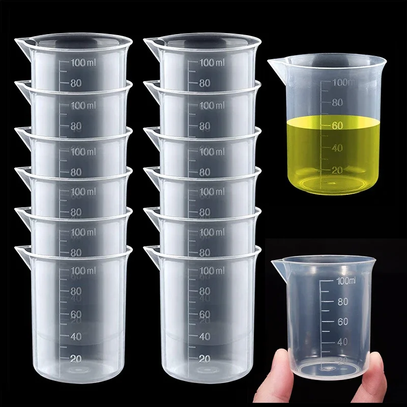 1-12Pcs 100ml Measuring Cup Transparent Plastic Scale Beaker Cups Lab Chemical Laboratory Container Jugs Kitchen Baking Tool