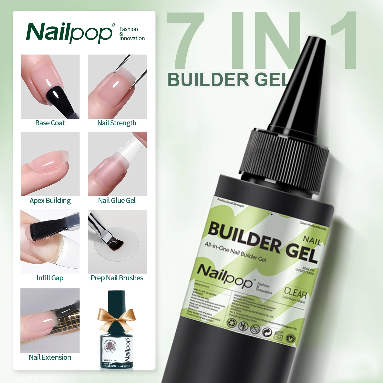 Nailpop HEMA TPO Free 7-in-1 Nail Building Extension Gel Base Polish Nail Tip Reinforce Strengthen Gel 4 Shades 15/100ml