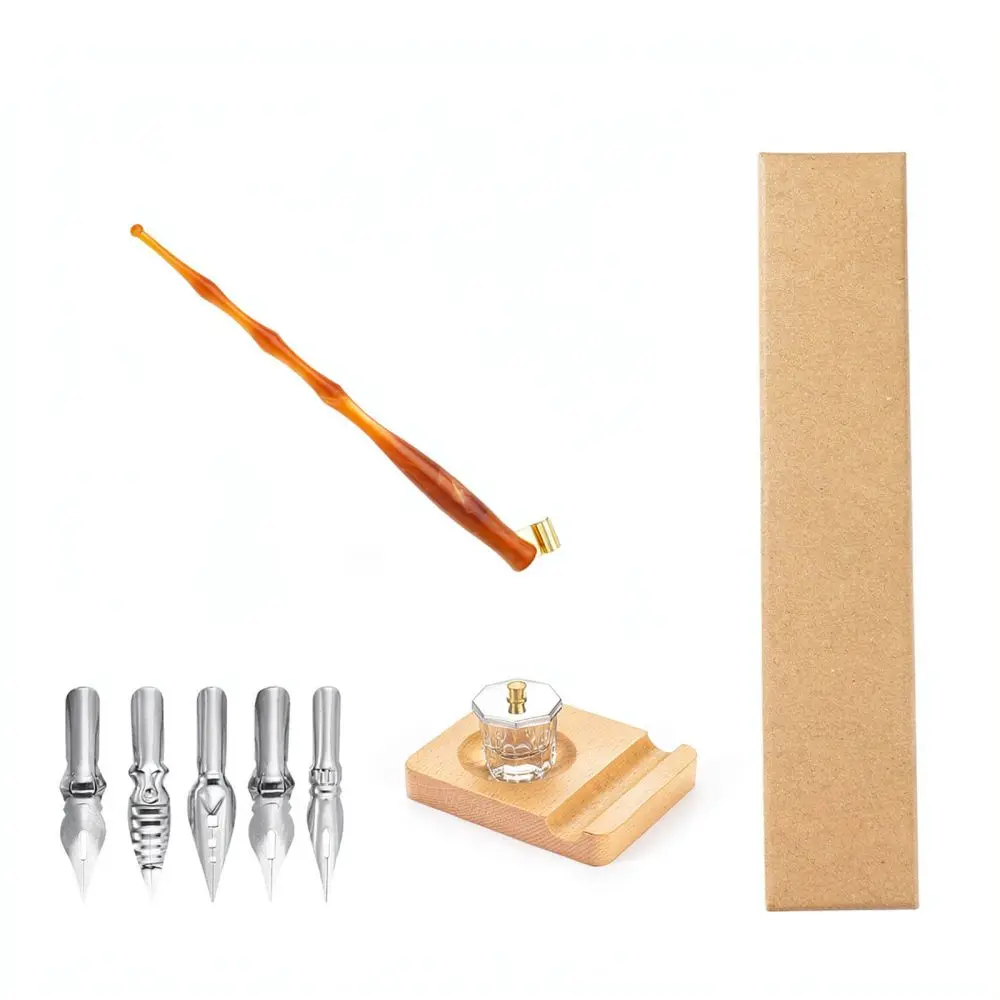 Elegant Resin Dip Pen Set With Solid Wood Rest And Glass Cup Calligraphy Tools For Gothic Lettering Creative Writing