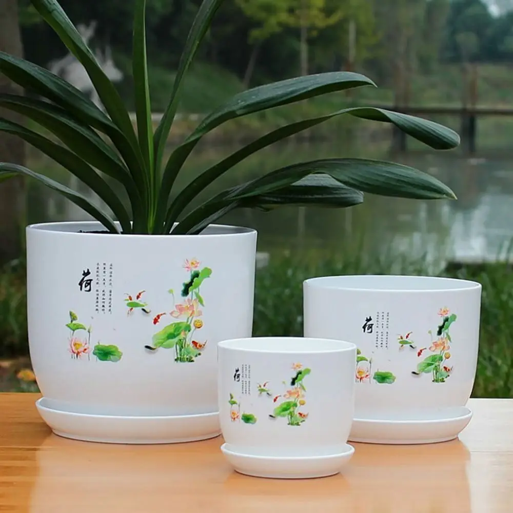 Extra Large Plastic Flower Pot White With Tray PP Resin Flower Pot Round Breathable Imitation Porcelain Indoor Flowers
