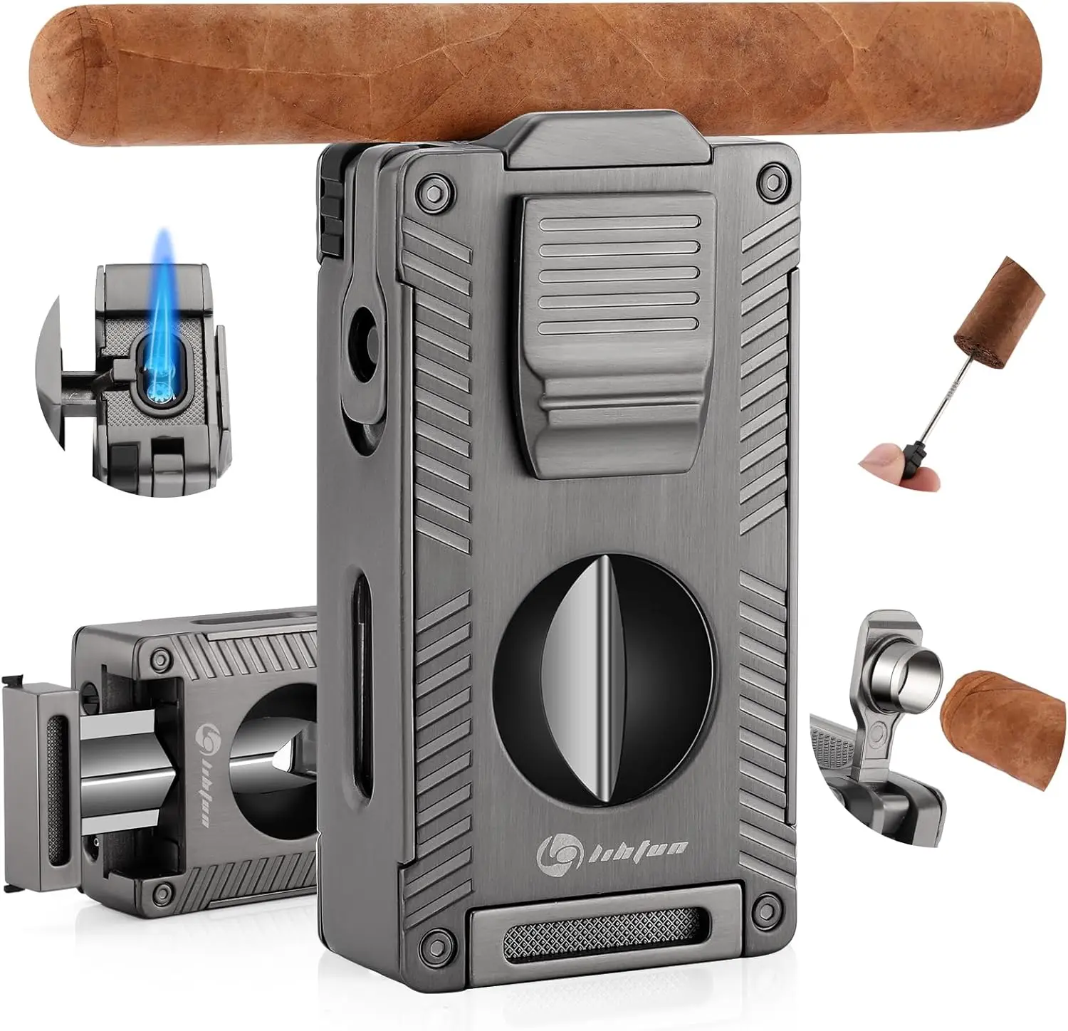 

All-in-1 Cigar Lighter with Holder, Punch, Draw Enhancer & V-Cut Cutter, Double Jet Flame Refillable Butane Lighter for Men